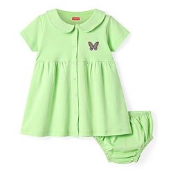 Babyhug Cotton Knit Half Sleeves Front Open Peter Pan Collared Frock with Bloomer & Butterfly Print - Light Green