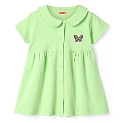 Babyhug Cotton Knit Half Sleeves Front Open Peter Pan Collared Frock with Bloomer & Butterfly Print - Light Green