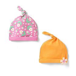Babyhug 100% Cotton Knit Caps With Floral Print & Applique Pack of 2 Pink & Orange - Diameter 14