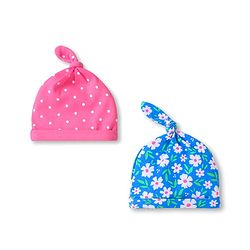Babyhug Interlock Knit Caps with Floral & Polka Dots Print Pack of 2 - Pink & Blue