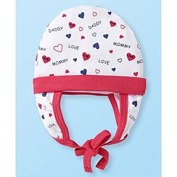 Babyhug 100% Cotton Knit Cap With Heart Print - White & Red
