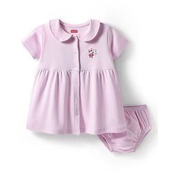 Babyhug Cotton Knit Half Sleeves Front Open Peter Pan Collared Frock with Bloomer & Bunny Print -Lavender