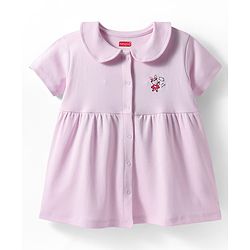 Babyhug Cotton Knit Half Sleeves Front Open Peter Pan Collared Frock with Bloomer & Bunny Print -Lavender
