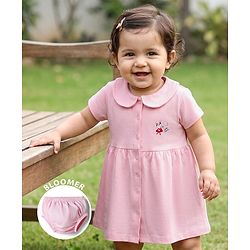 Babyhug Cotton Knit Half Sleeves Front Open Peter Pan Collared Frock with Bloomer & Bunny Print -Lavender