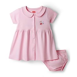 Babyhug Cotton Knit Half Sleeves Front Open Peter Pan Collared Frock with Bloomer & Bunny Print -Lavender