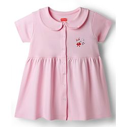 Babyhug Cotton Knit Half Sleeves Front Open Peter Pan Collared Frock with Bloomer & Bunny Print -Lavender