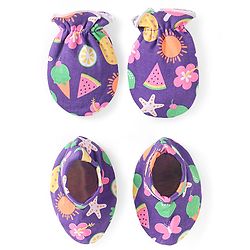 Babyhug 100% Cotton Knit Mittens & Booties with Tropical Print - Purple