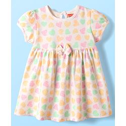 Babyhug 100% Cotton Single Jersey Knit Half Sleeves Hearts Printed Frock with Bloomer & Bow Applique - Ivory
