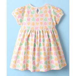 Babyhug 100% Cotton Single Jersey Knit Half Sleeves Hearts Printed Frock with Bloomer & Bow Applique - Ivory