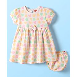 Babyhug 100% Cotton Single Jersey Knit Half Sleeves Hearts Printed Frock with Bloomer & Bow Applique - Ivory