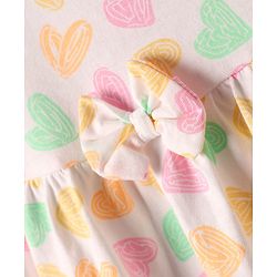 Babyhug 100% Cotton Single Jersey Knit Half Sleeves Hearts Printed Frock with Bloomer & Bow Applique - Ivory