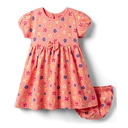 Babyhug Single Jersey Knit Half Sleeves Floral Printed Frock with Bloomer & Bow Applique - Orange