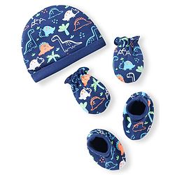 Babyhug 100% Cotton Knit Cap Mittens & Booties With Dino Print - Navy Blue