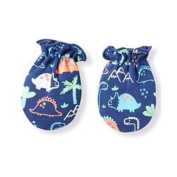 Babyhug 100% Cotton Knit Cap Mittens & Booties With Dino Print - Navy Blue