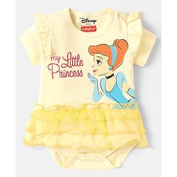 Babyhug Disney Interlock Knit Half Sleeves Onesie With Frill Detailing & Cinderella Graphics - Off White