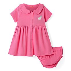 Babyhug Cotton Knit Half Sleeves Front Open Peter Pan Collared Frock with Bloomer & Animal Print - Pink