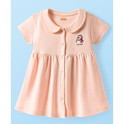 Babyhug Cotton Woven Half Sleeves Front Open Frock With Penguin Print & Bloomer - Peach