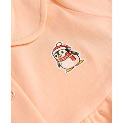 Babyhug Cotton Woven Half Sleeves Front Open Frock With Penguin Print & Bloomer - Peach