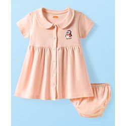 Babyhug Cotton Woven Half Sleeves Front Open Frock With Penguin Print & Bloomer - Peach