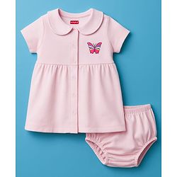 Babyhug Cotton Knit Half Sleeves Frock with Bloomer & Butterfly Graphic - Pink