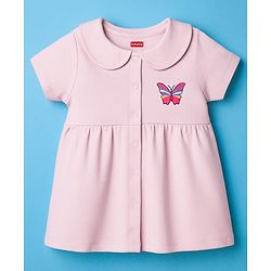 Babyhug Cotton Knit Half Sleeves Frock with Bloomer & Butterfly Graphic - Pink