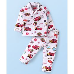 Babyhug Disney Single Jersey Knit Full Sleeves Night Suit With Cars Graphics - White