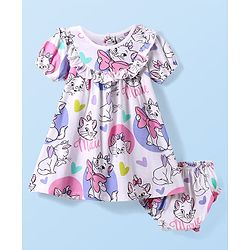 Babyhug Disney Single Jersey Knit Half Puffed Sleeves Marie Printed Dress with Bloomer & Frill Detailing - White