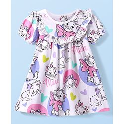 Babyhug Disney Single Jersey Knit Half Puffed Sleeves Marie Printed Dress with Bloomer & Frill Detailing - White