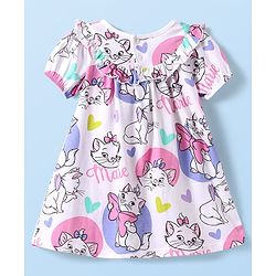 Babyhug Disney Single Jersey Knit Half Puffed Sleeves Marie Printed Dress with Bloomer & Frill Detailing - White