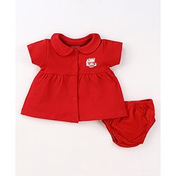 Babyhug Cotton Woven Half Sleeves Peter Pan Collared Solid Color Frock with Bloomer - Red