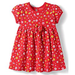 Babyhug Single Jersey Knit Half Sleeves Frock with Floral Print & With Bow Applique - Red
