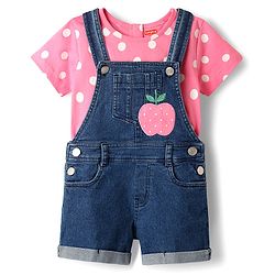 Babyhug Single Jersey Knit Dungaree & Half Sleeves T-Shirt With Polka Dot Print & Apple Patch - Blue