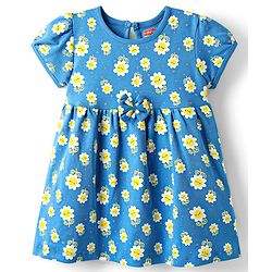 Babyhug Single Jersey Knit Half Sleeves Floral Printed Frock with Bow Applique - Royal Blue