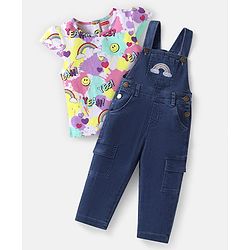 Babyhug Single Jersey Knit Half Cap Sleeves Top & Dungaree with Rainbow Print & Embroidery - White & Blue