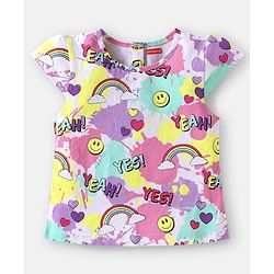 Babyhug Single Jersey Knit Half Cap Sleeves Top & Dungaree with Rainbow Print & Embroidery - White & Blue