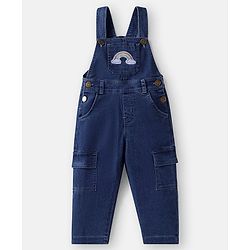 Babyhug Single Jersey Knit Half Cap Sleeves Top & Dungaree with Rainbow Print & Embroidery - White & Blue