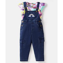 Babyhug Single Jersey Knit Half Cap Sleeves Top & Dungaree with Rainbow Print & Embroidery - White & Blue