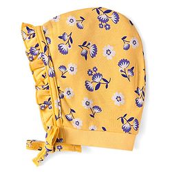 Babyhug 100% Cotton Cap with Floral Print & Frill Detailing Yellow - Diameter 13cm