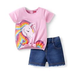 Babyhug Single Jersey Knit Half Sleeves Unicorn Printed Top & Short Set With Bow & Sequin Detailing -  Blue & Pink