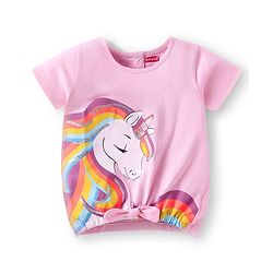 Babyhug Single Jersey Knit Half Sleeves Unicorn Printed Top & Short Set With Bow & Sequin Detailing -  Blue & Pink