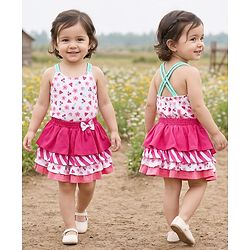 Babyhug Single Jersey Knit Singlet Sleeves Top & Skirt Set with Floral Print & Bow Applique - Pink