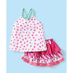Babyhug Single Jersey Knit Singlet Sleeves Top & Skirt Set with Floral Print & Bow Applique - Pink