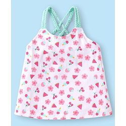 Babyhug Single Jersey Knit Singlet Sleeves Top & Skirt Set with Floral Print & Bow Applique - Pink