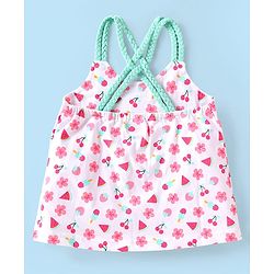 Babyhug Single Jersey Knit Singlet Sleeves Top & Skirt Set with Floral Print & Bow Applique - Pink