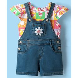 Babyhug Single Jersey Knit Dungaree & Cap Sleeves T-Shirt With Tropical Theme Print & Floral Embroidery - Blue
