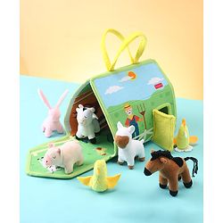 Babyhug Farm House Playset with Carry Handle | 7 Animal Plush Figurines (Duck, Pig, Horse, Hen, Sheep, Rabbit & Cow) | Educational & Montessori Learning Toy for Pretend Play | BIS Certified | Gifting Toy