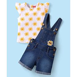 Babyhug Single Jersey Knit Frill Sleeves Dungaree & Top Set with Sun Print - White & Blue