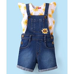 Babyhug Single Jersey Knit Frill Sleeves Dungaree & Top Set with Sun Print - White & Blue