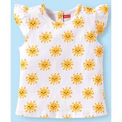 Babyhug Single Jersey Knit Frill Sleeves Dungaree & Top Set with Sun Print - White & Blue