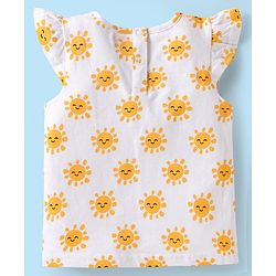 Babyhug Single Jersey Knit Frill Sleeves Dungaree & Top Set with Sun Print - White & Blue